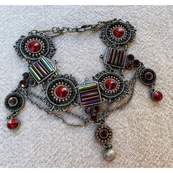 The Unbranded Brand Jewelry - Vintage Art Deco Revival Bracelet Red Rhinestones Rainbow Glass Silver Tone